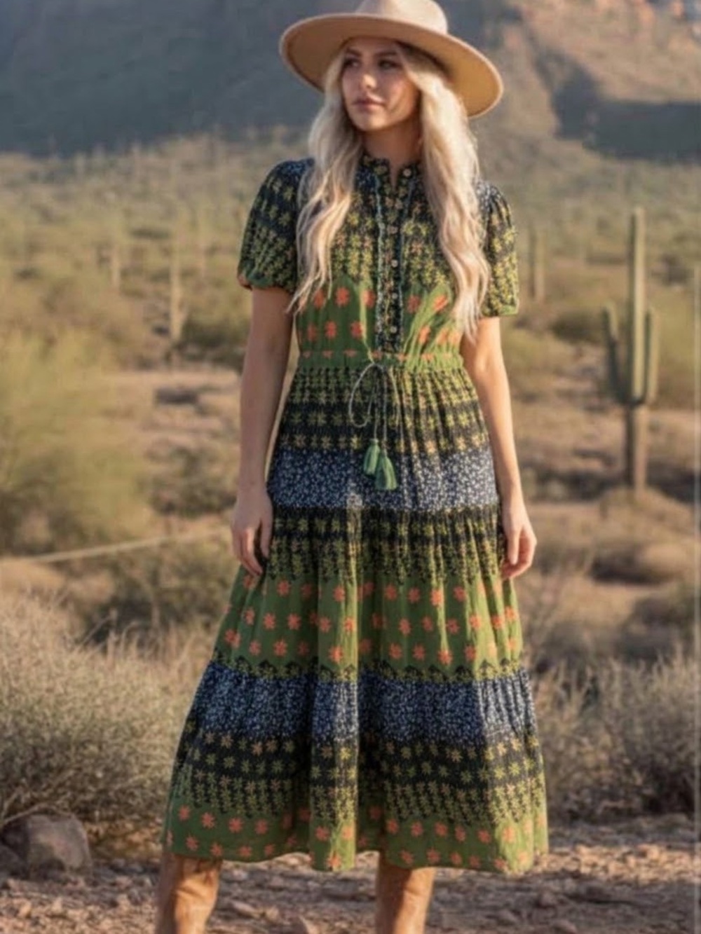 Small Easel Boho Tiered Midi Dress in Olive Green ruffle on neck and button area